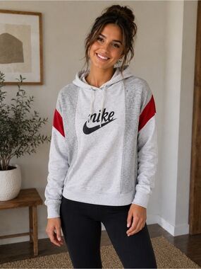 Nike Light Gray Crewneck Hoodie with Red Sleeve Panels